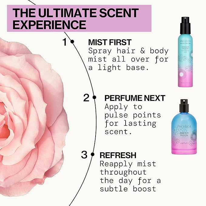 Pacifica Hair Perfume & Body Fragrance Spray Mist - Dream Moon with Bergamot, Pear, Pink Rose, Coconut, Vanilla, Sandalwood & Patchouli – Alcohol-Free, Vegan & Cruelty-Free, 5 oz (1 Count)