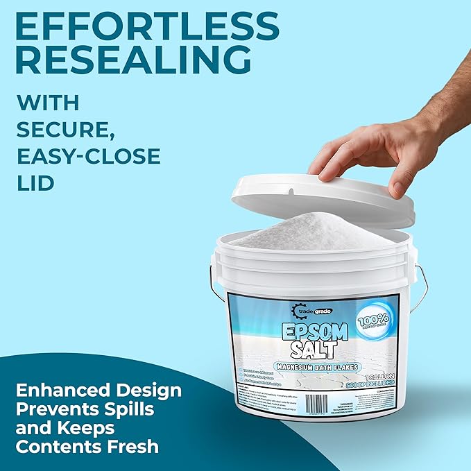 TradeGrade Epsom Salt – Pure Magnesium Sulfate for Soaking & Relaxation – Muscle Recovery, Wellness & Stress Relief – Includes Bucket with Scoop (1 Gallon)