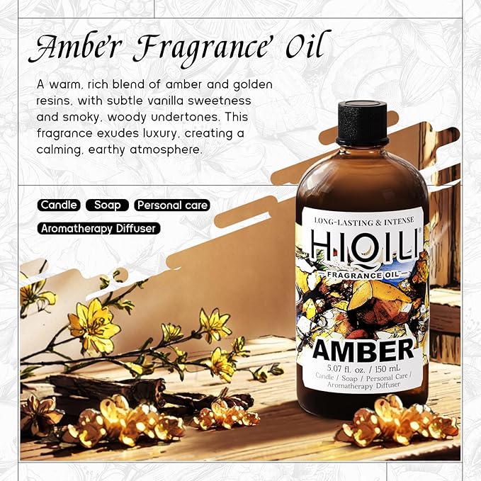 HIQILI Amber Fragrance Oil for Candle, Perfume, Soap Making, Hotel Scents for Essential Oil Diffuser & Aromatherapy - 5.07 Fl Oz