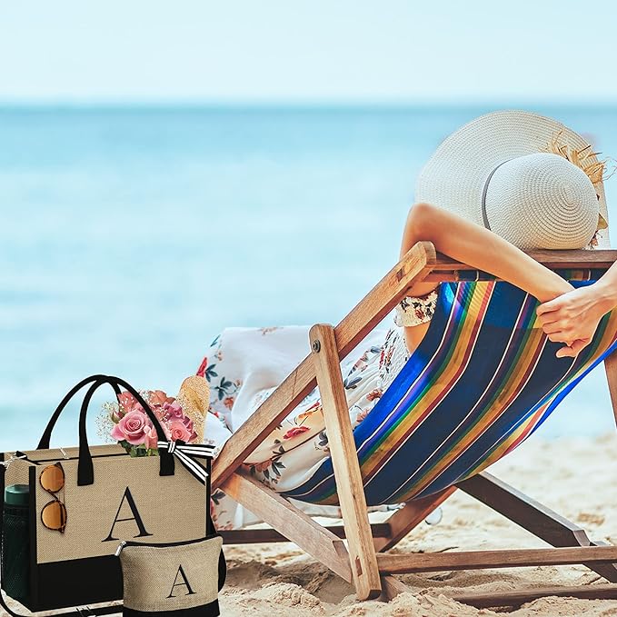 YOOLIFE Christmas Gifts for Women - Initial Jute Tote Bag & Makeup Bag, Birthday Gifts for Women Mom Wife Teacher Friend