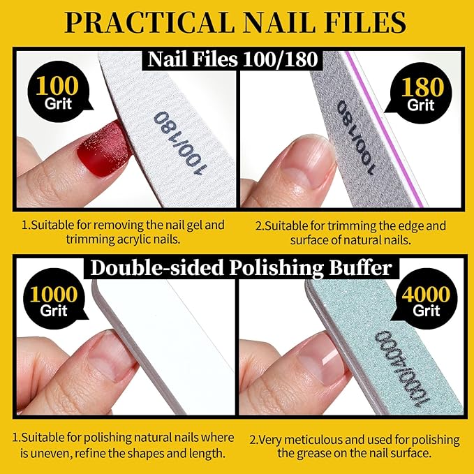 FANDAMEI Nail Care Set, Nail Files 100/180, Nail Buffer Block, Cuticle Tools, Nail Cuticle Nippers, Cuticle Trimmer, Cuticle Pusher, Manicure & Pedicure Kits, Toenail File, Yellow