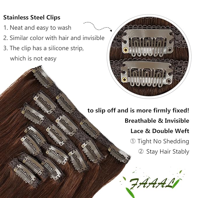 14" Clip in Human Hair Extensions Full Head 110g 7 Pieces 16 Clips Chocolate Brown Double Weft Brazilian Real Remy Hair Extensions Thick Straight Silky (14",110g 4#)