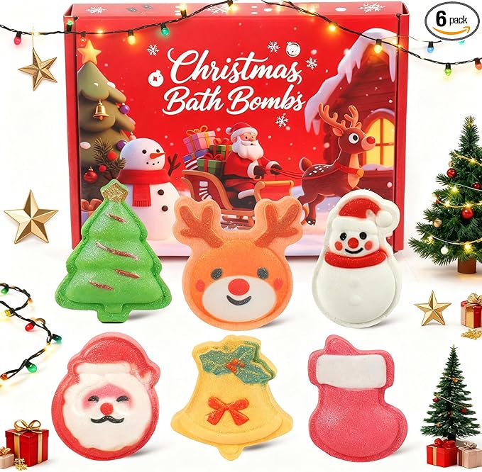 Christmas Bath Bombs for Kids & Women, Handmade Bath Bomb Gift Set of 6 Fun Shapes, Perfect Stocking Stuffers for Teen Girls & Boys, Skin Care Bathbombs as Christmas Gifts for Kids