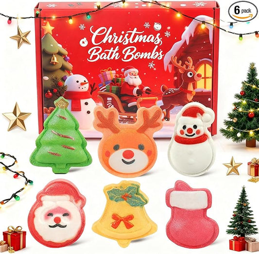 Christmas Bath Bombs for Kids & Women, Handmade Bath Bomb Gift Set of 6 Fun Shapes, Perfect Stocking Stuffers for Teen Girls & Boys, Skin Care Bathbombs as Christmas Gifts for Kids