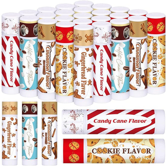 75pcs Christmas Peppermint Flavor Lip Balms Gift Bulk Candy Gingebread Hot Cocoa Cookie Cinnamon Flavor Lip Balm Favor Christmas Party Gift Stocking Stuffer for Coworker Staff Employee (Cute)