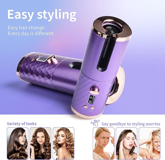 Automatic Curling Iron, Hair Curling Iron for Hair Styling, Cordless Auto Hair Curler, with 6 Temps and Timers, Auto Shut-Off, Fast Heating, Rechargeable Cordless Hair Curler 1 (Purple)