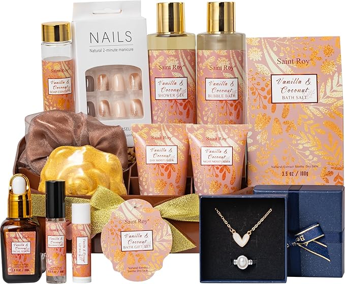 Luxury Gifts for Women, 16 Pcs Spa Gifts for Woman of Coconut Vanilla Scents Skin Care Kit, Facial Kit with Face Day Cream, Night Cream, Skincare Set, Christmas Gifts for Women in Makeup Storage Box