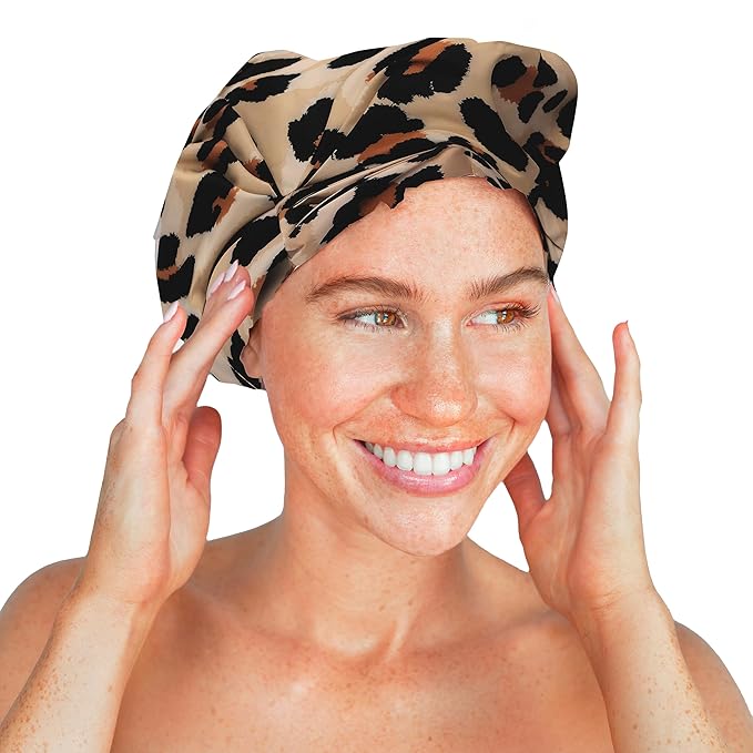 Kitsch Luxury Shower Caps for Women Reusable Waterproof - Large Shower Cap for Women and Men, Non-slip, Quick-dry Hair Cap for Long & Short Hair, Comfortable and Stylish Design - Leopard