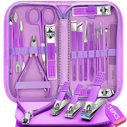 Manicure Set 16Pcs Professional Stainless Steel Pedicure Kit Mens Grooming Kit Fingernail & Toenail Clippers Set Manicure Kit with Luxurious Travel Bag, Sharp Nail Scissors and Clipper (Purple)