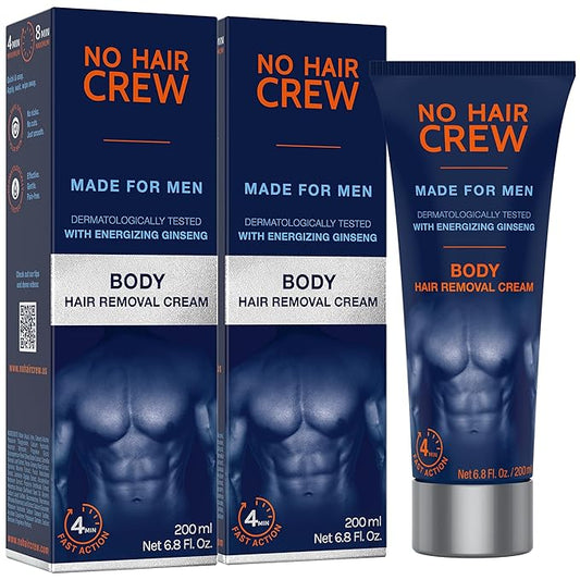 No Hair Crew Body At Home Hair Removal Cream for Manscaping Unwanted Hair with Energizing Ginseng, Premium Depilatory, Painless & Flawless, Made for Men, 200ml (2 Pack)