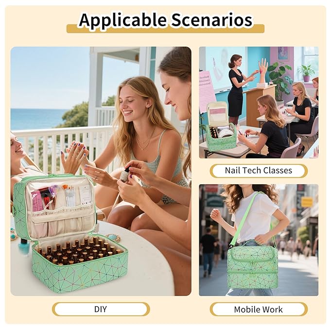 CUBETASTIC Nail Polish Organizer, Cute Nail Tech Organizers And Storage Bag Holds 45 Bottles & UV Nail Lamp, Compact Double-Layer Travel Nail Supplies Case for Nail Kit (Triangle Green, 45 Slots)