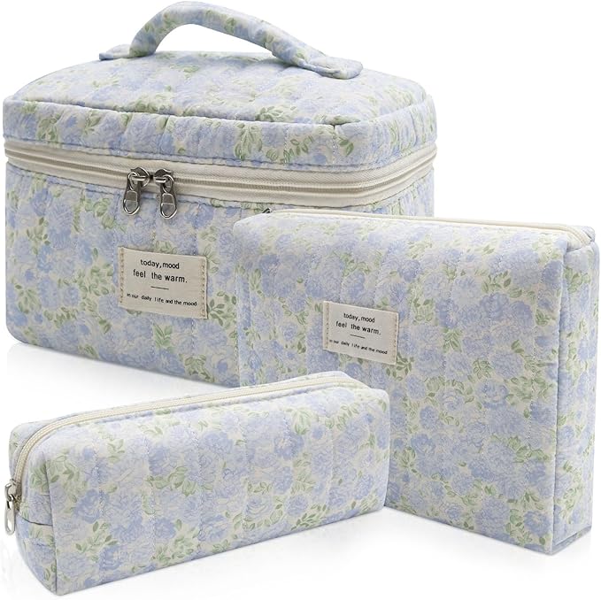 3pc Makeup Bag Set, Quilted Makeup Bag Set, Large Floral Cosmetic Bag for Women, Cute Cotton Makeup Bags, Flower Travel Toiletry Organizer Bag (Green Leaves Blue Flowers)
