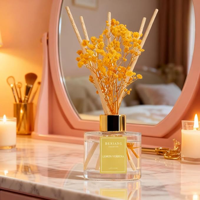 Reed Diffuser Set - 3.38 fl oz Lemon Verbena Premium Scented Oil with Preserved Baby's Breath & Cotton 6 Sticks | Long-Lasting Aromatherapy for Home, Bedroom, Bathroom, Office Home Decor