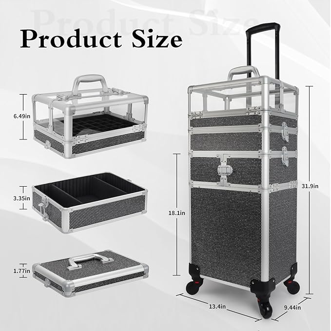 4 in 1 Rolling Makeup Train Case Professional Cosmetic Trolley Cart Travel Nail Cart Organizer with Wheels Transparent Acrylic Panel for Makeup Hair Stylists Nail Tech (Black Crystal)