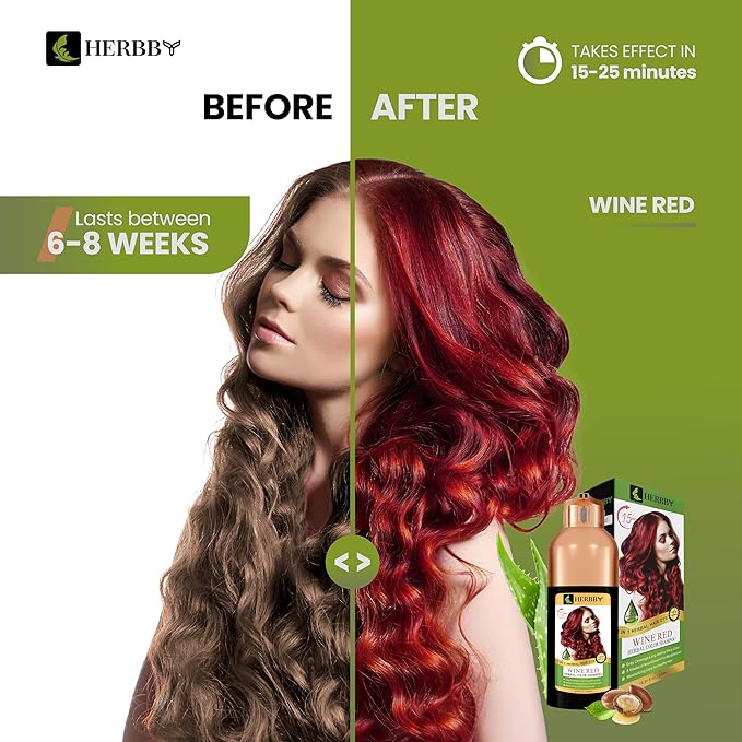 HERBBY Hair Color Shampoo for Gray Hair Coverage&Color Transform with 9 Herbal Extracts –Long Lasting(6-8 Weeks),Shiny,Evenly Colored,Instant Hair Dye Shampoo&Conditioner, 500 Ml (WINE RED COLOR)