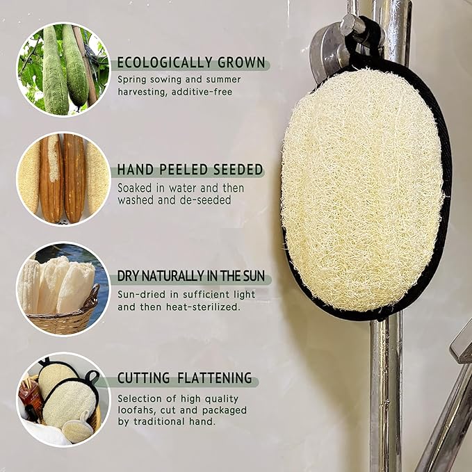Natural Shower Loofah Sponge Exfoliating Body Scrubber，Natural Organic Beauty Exfoliating Loofah for Men and Women, Suitable for Cleansing Face Scrubber and Body Bath,Large Black(2 Pack)