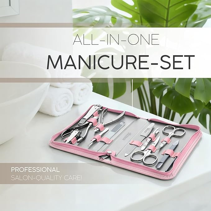 Manicure Set Women and Men – 12-Piece Professional Grooming Kit with Premium Tools, Genuine Leather Case, and Exclusive Glass Nail File for Hand & Foot Care, German Quality