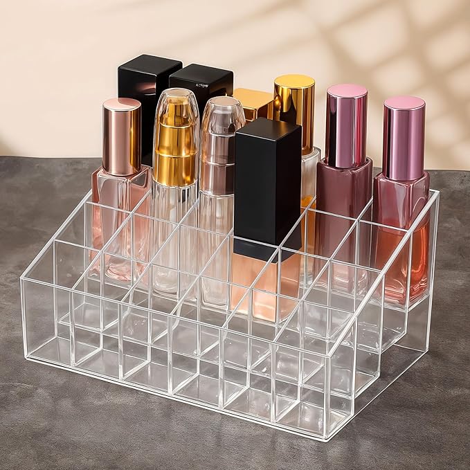 4 Pack Acrylic Lipstick Holder Organizer, 24 Slot Clear Lip Gloss Holder, Lipstick Display Stand for Lipsticks, Lip Balms, Makeup Brushes & Nail