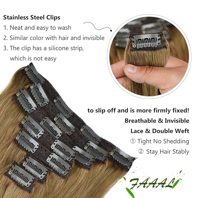 22" Clip in Human Hair Extensions Full Head 200g 10 Pieces 22 Clips Light Brown Double Weft Brazilian Real Remy Hair Extensions Thick Straight (22" 200g, #8)