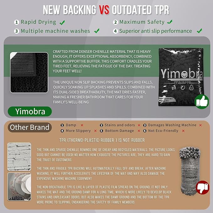 Yimobra Bathroom Rugs Non Slip Washable - Ultra Soft Absorbent Chenille Bath Mat, Quick Dry Shaggy Floor Carpet for Tub Shower, Black Home Decor Accessories, 24x17 Inch