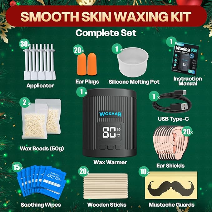 Nose Wax Kit for Eyebrow and Ear Hair | 100gWax, 50 Face Waxing Sticks | Fast-Heating USB Wax Warmer | Hair Removal Kit for Men & Women | 15 Pre/Post Wipes, Ear and Mustache Guards & Earplug