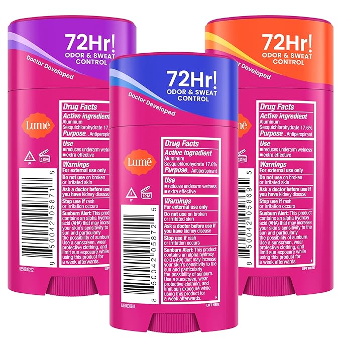 Lume Deodorant Plus Sweat Control - Smooth Solid Stick - Maximum Strength Antiperspirant - 72 Hour Odor And Sweat Control - Baking Soda Free - 2.6 ounce (Lavender Sage, Clean Tangerine & Soft Powder)