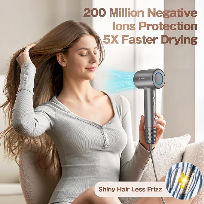 Hair Dryer, High-Speed Ionic Low Noise Blow Dryer with Brushless Motor for Fast Drying, Thermo-Control Quiet Compact Hair Blow Dryer, Hairdryer with 1 Nozzle Attachments for Home Salon Travel