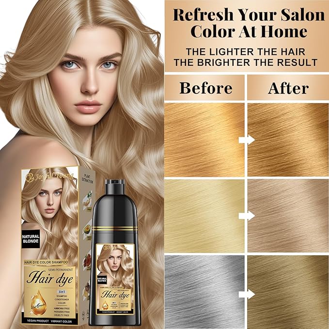 Natural Hair Dye Shampoo 3 IN 1, Hair Color for Gray Hair Coverage, Hair Coloring Shampoo for Women, Color Shampoo Beard Dye for Men, Vegan Ammonia Free Hair Shampoo (NATURAL BLONDE)