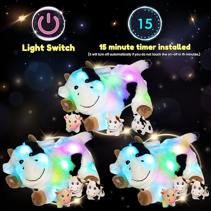 Hopearl LED Plush Cow Lighting Up Stuffed Mommy With 3 Baby Dairy Cows in Her Tummy - Floppy Animal Playset Night Lights Glow in The Dark for Mom Toddlers, 15''