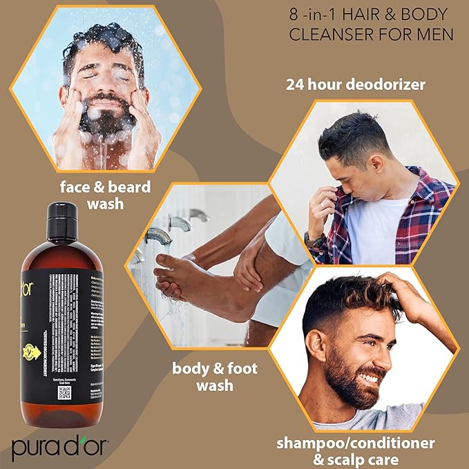 PURA D'OR 24 Oz 8-in-1 Hair & Body Cleanser For Men – Sulfate-Free, Multi-Use Wash for Hair, Face, Beard & Body, with Organic Aloe Vera, Cedarwood & Lemongrass, Energizing & Deodorizing Formula