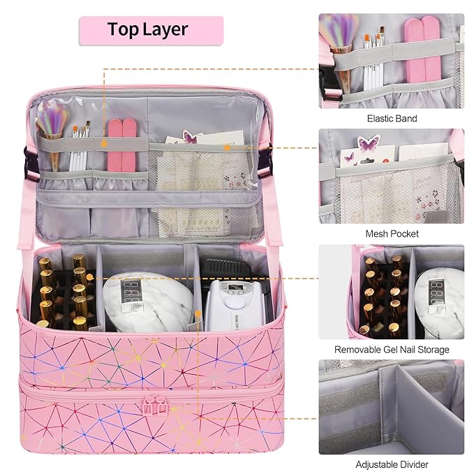 Ethereal Nail Polish Organizer Case Holds 50+ Bottles (5ml/0.5fl.oz) and Nail Lamp, Leather Nails Storage Organizer with Compartment, Diamond Pink