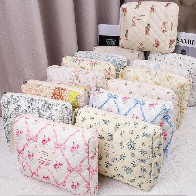 2PC Makeup Bag Set, Cute Cosmetic Bag for Women Girls, Floral Coquette Aesthetic Toiletry Bag, Travel Make Up Organizer Bag (Care Bear)