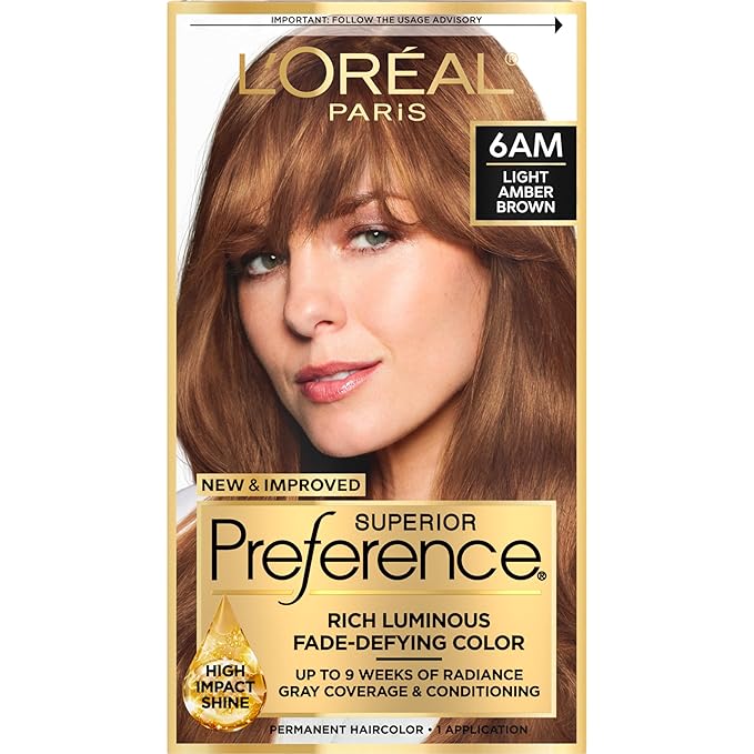 L'Oreal Paris Superior Preference Luminous Fade-Defying Permanent Hair Color, Hair Dye For Up to 9 Weeks of Radiance, Light Amber Brown 6AM, 1 Hair Dye Kit