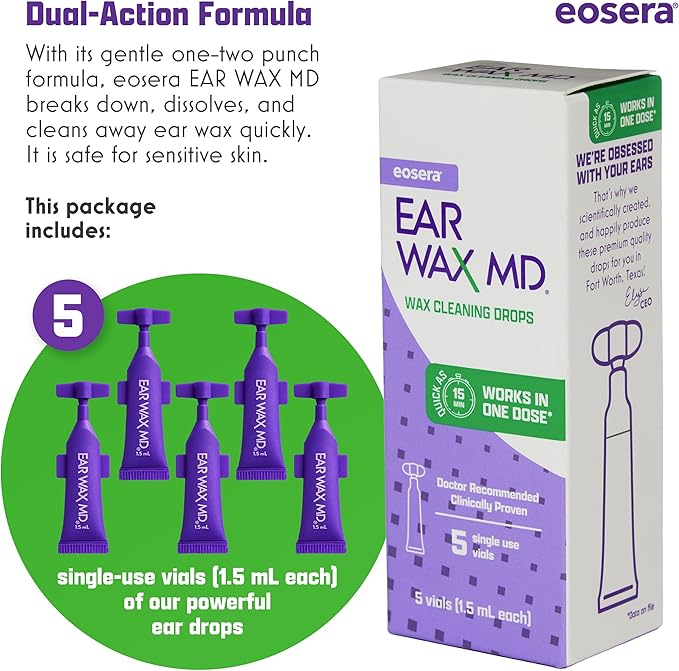 eosera Ear Wax MD Cleaning Drops - Fast-Acting Earwax Removal Solution - 5 Single-Use Vials - Doctor Recommended, Clinically Proven Wax Dissolver for Adults & Kids - Works in 15 Minutes