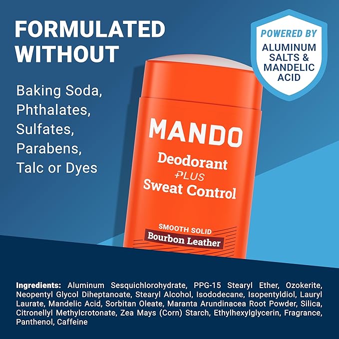 Mando Antiperspirant Deodorant Sweat and Odor Control for Men – Extra Strength Smooth Solid Stick – 72 Hour Performance – Baking Soda Free, Skin Safe – 2.6 oz – Bourbon Leather – Pack of 2