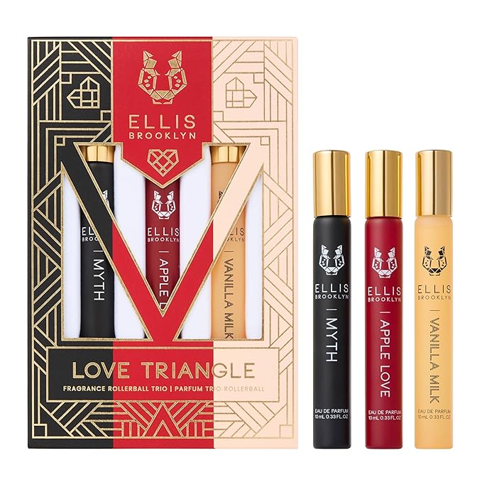 Ellis Brooklyn LOVE TRIANGLE Rollerball Trio - Clean Perfume for Women, APPLE LOVE, VANILLA MILK, MYTH Rollerball Perfume Travel Size Perfume Gift Set