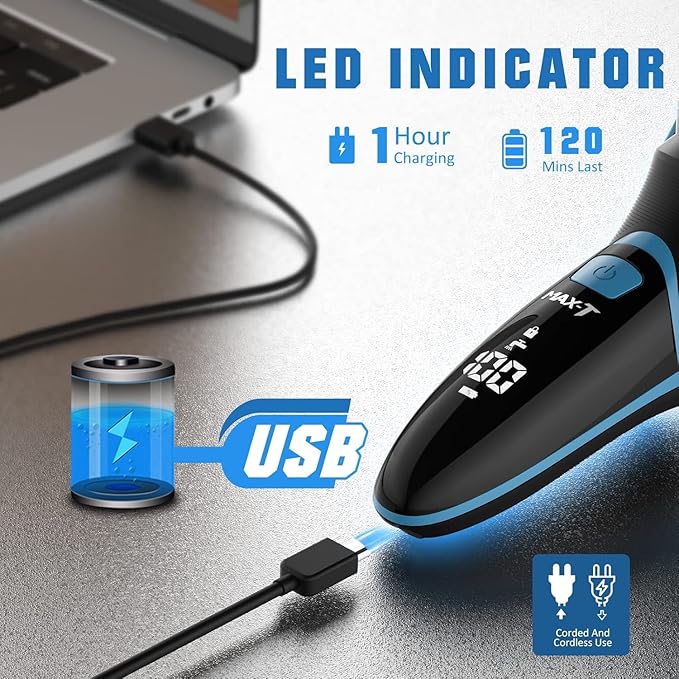 MAX-T Electric Razor for Men with Pop-Up Trimmer, IPX7 Waterproof Electric Shaver, 3D Rotary Shaver, Rechargeable Cordless Shavers for Men, Type-C, 120Mins Runtime, Plug & Play