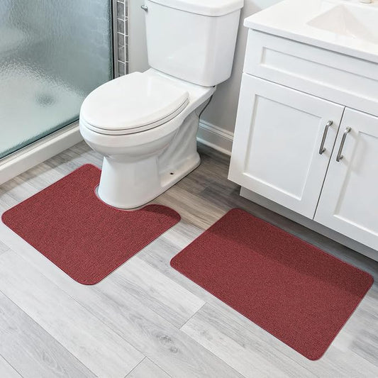 Christmas Bathroom Rugs Set 2 Pieces,Thin Bathroom Mats,Toilet Rugs,Quick Dry,Non-Slip,Machine Washable,Low Pile,Absorbent Bath Mats,Shower,Sink,Home Decor Accessories.Red,1'5"x2'3"+1'8"x2" U Shape