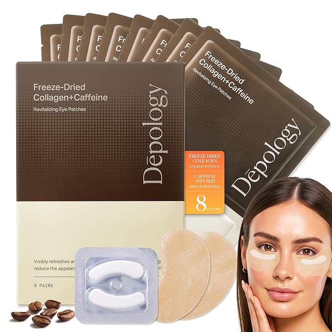 depology Caffeine Under Eye Patches + Freeze-Dried Collagen Under Eye Mask, Awakening Eye Patches for Puffy Eyes and Dark Circles& Fine Lines, 8 Pairs | 2‑Step Hydrating & Smoothing & Reviving