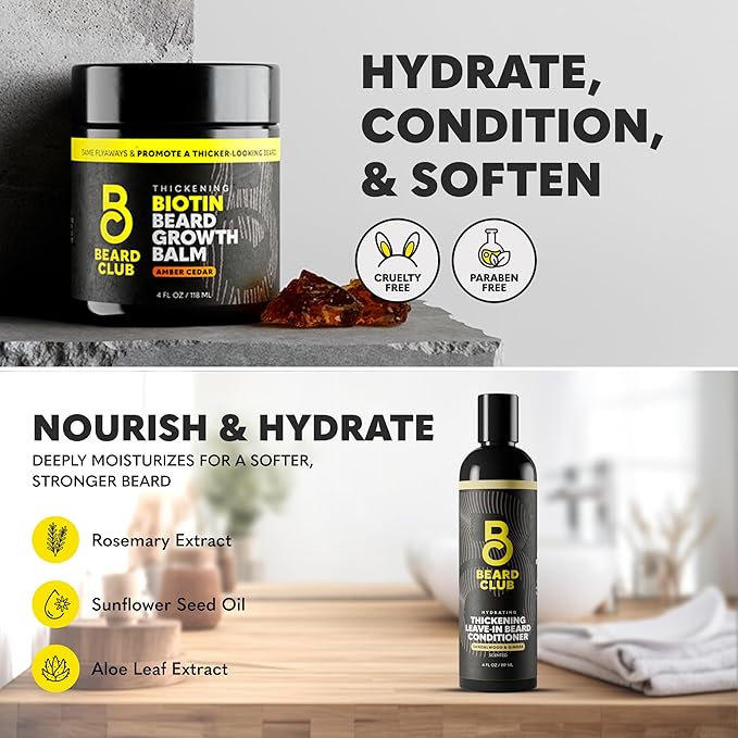 The Beard Club Titanium Beard Growth Kit - Derma Roller, Growth Oil, Vitamins, Vitamin Spray, Biotin Balm, Thickening Conditioner, Shampoo, Straight Razor, Scissors, Comb, Cleansing Spray - Gift Set