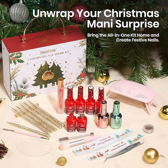 Beetles 27Pcs Christmas Gel Nail Kit Gifts for Women Teen Girls - 6 Colors Red Gold Cat Eye Glitter Merry Glitz Gel Nail Polish Kit with U V Light Jelly Winter Set Soak Off Salon DIY Manicure Set