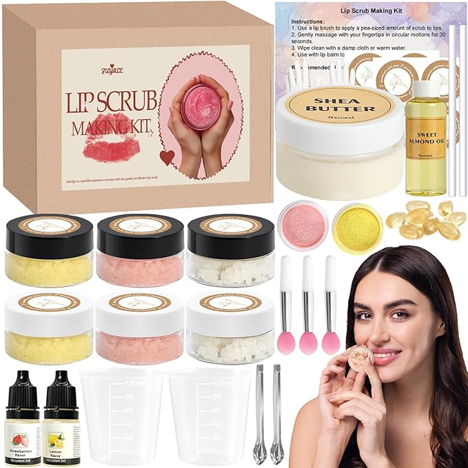 Sugar Lip Scrub Making Kit- 35Pcs Make Your Own Sugar Lip Scrub with Shea Butter, Almond Oil, Essential Oils, Moisturizing and Exfoliating Dry Lip, DIY Organic Lip Care Gifts For Women & Men