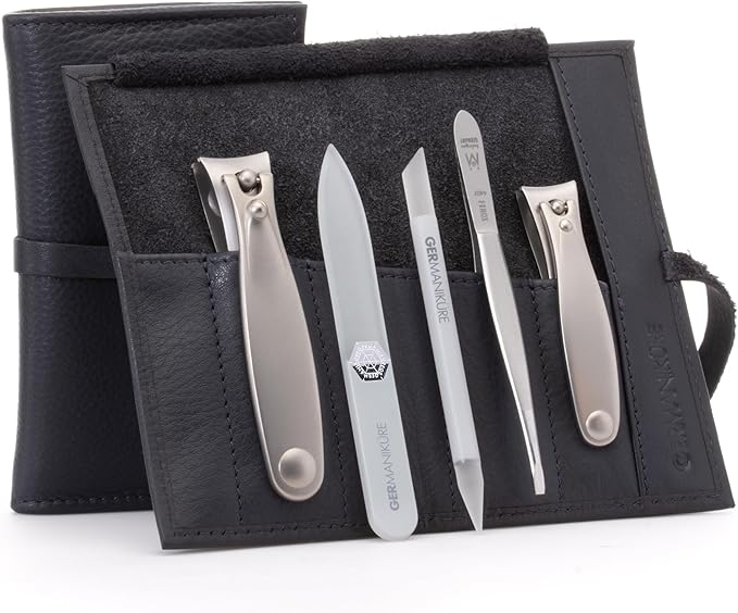 GERMANIKURE 5pc Manicure Set in Black Leather Case - Made in Solingen Germany, FINOX Stainless Steel and Crystal Glass Tools – Professional Quality Compact Nail Grooming Kit