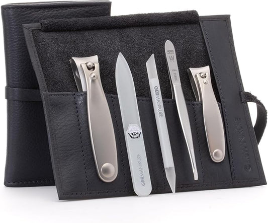 GERMANIKURE 5pc Manicure Set in Black Leather Case - Made in Solingen Germany, FINOX Stainless Steel and Crystal Glass Tools – Professional Quality Compact Nail Grooming Kit