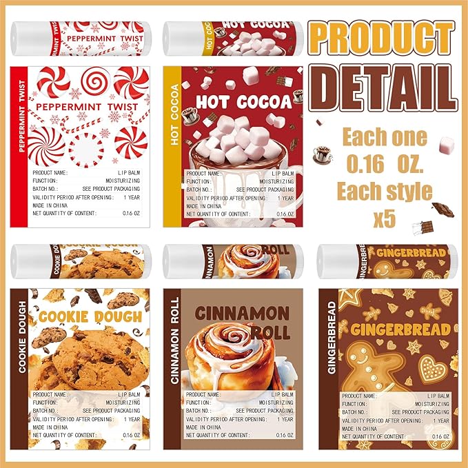 25pcs Christmas Peppermint Flavor Lip Balms Gift Bulk Candy Gingebread Hot Cocoa Cookie Cinnamon Flavor Lip Balm Favor Christmas Party Gift Stocking Stuffer for Coworker Staff Employee (Sweet)