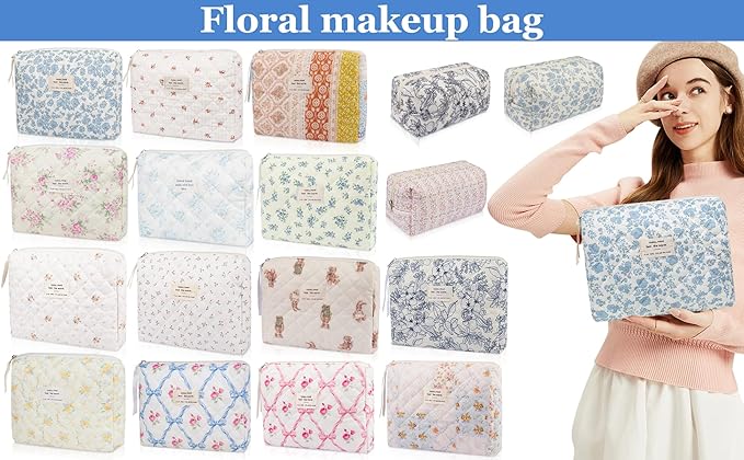 2 Pack Floral Makeup Bag, Cute Cosmetic Bag for Women Girls, Quilted Cotton Make up Pouch, Travel Makeup Bags, Portable Storage Toiletry Organizer Bag(Pink+Navy Blue)
