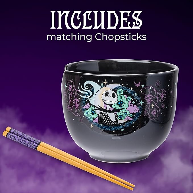 Silver Buffalo Disney Nightmare Before Christmas Starry Night Jack Skellington Ceramic Ramen Noodle Rice Bowl with Chopsticks, Microwave Safe, 20 Ounces