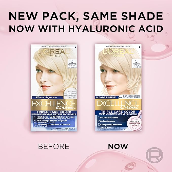 L'Oreal Paris Excellence Crème Permanent Hair Dye, Triple Care Hair Color with Pro-Keratine Complex for 100% Gray Hair Coverage, 01 Extra Light Natural Ash Blonde, 1 Kit