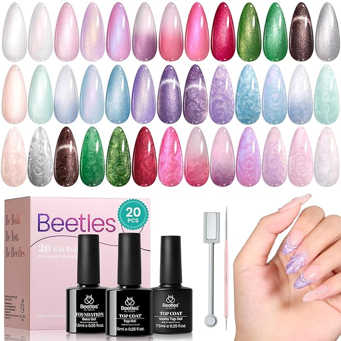 Beetles Pearl Gel Nail Polish Set - Ocean Treasures Gel Polish, 20 Colors Glitter Cat Eye Pink Red Mermaid Swirl Thread Effect Soak off UV Nail Gel for DIY Manicure Gift for Women