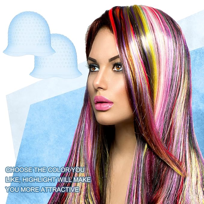 Jexine 2 Pcs Hair Coloring Highlighting Cap Reusable Silicone Highlight Cap with Holes and Hook for Hair Coloring, Frosting, Hairdressing & Highlighting, Salon Tools Kit(Blue)